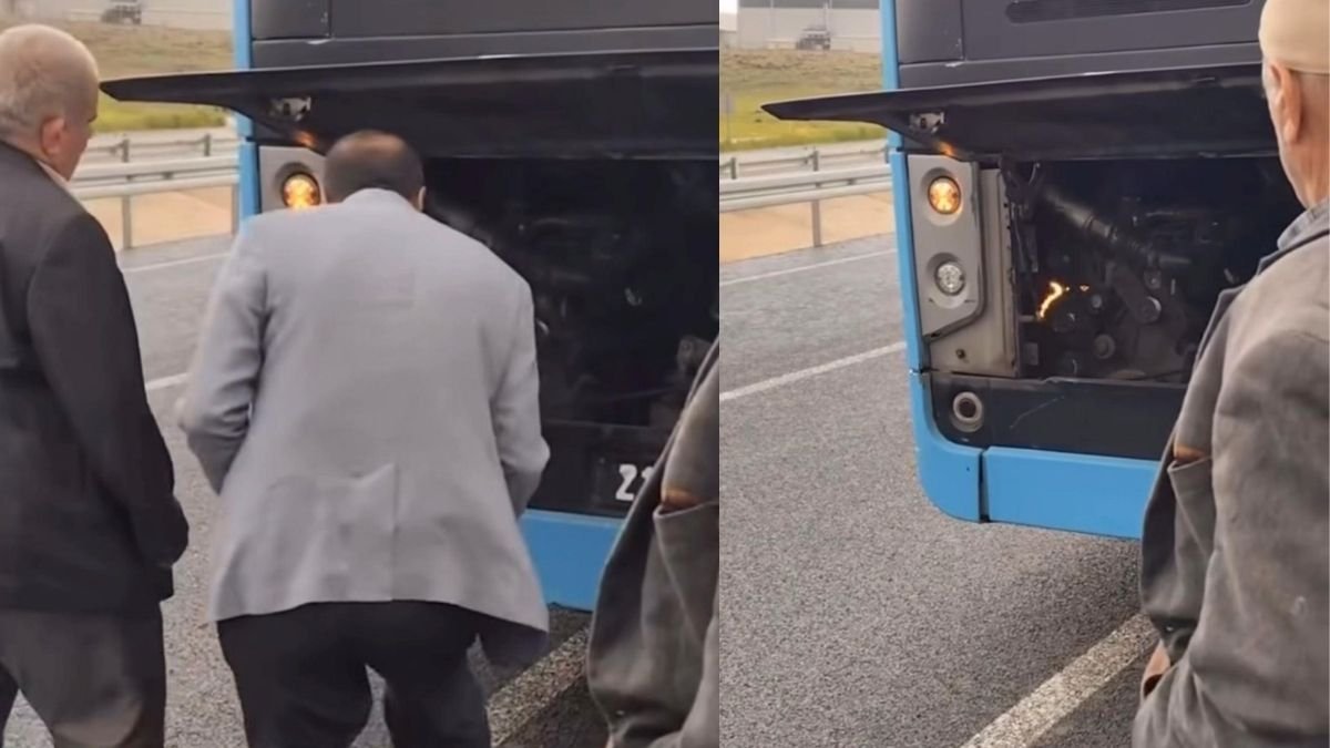 Yanan otobüsü üfleyerek söndürmeye çalıştı