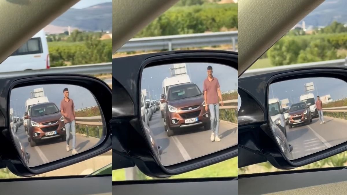 Emniyet şeridinde yürüdü: Nedeni herkesi şaşırttı
