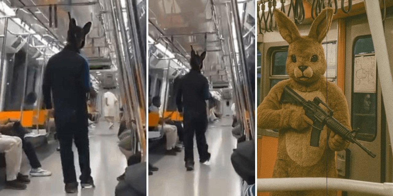 İstanbul'da metroya binen şaştı kaldı: Tavşan kostümü giymiş, elinde de tüfek var!