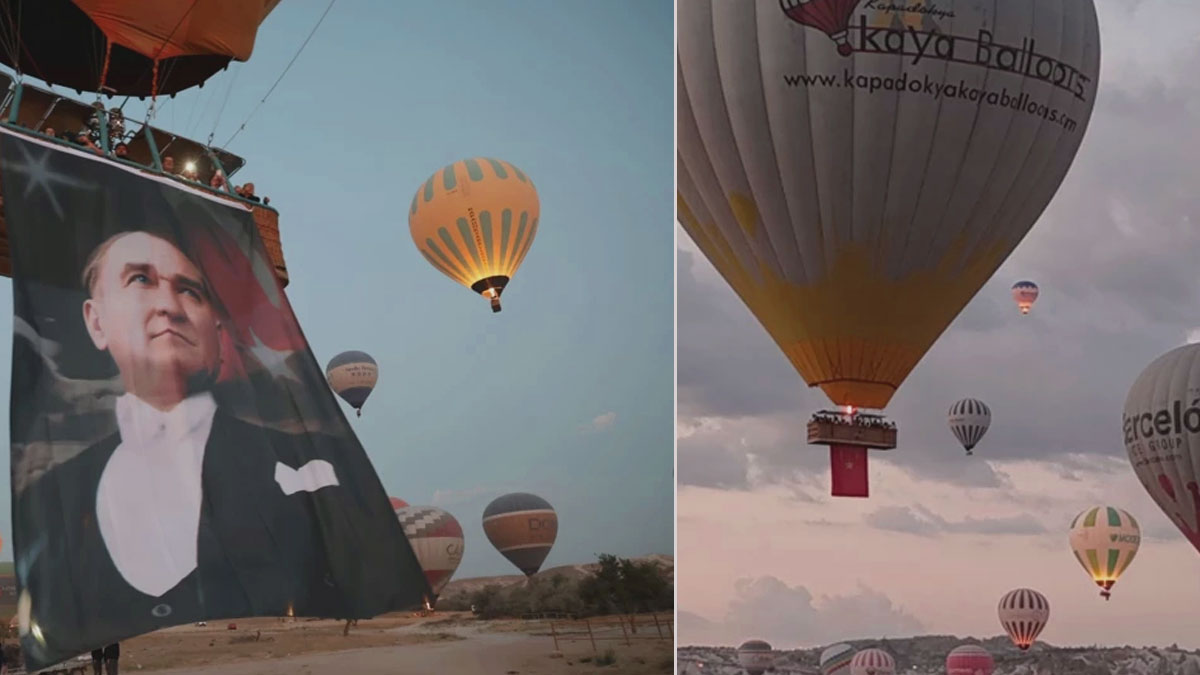 Kapadokya'da Türk bayrakları ve Atatürk posteriyle görkemli zafer uçuşu