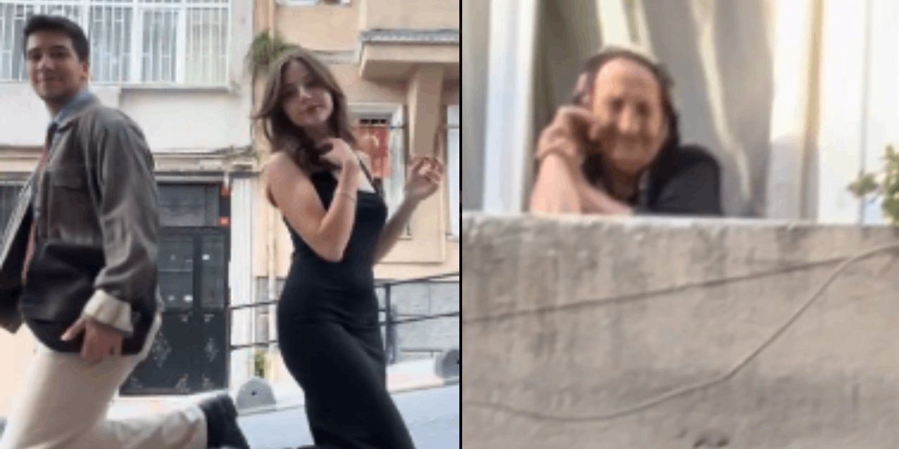 Sokakta video çeken çift, bir teyzenin hayran dolu bakışlarını kayda aldı