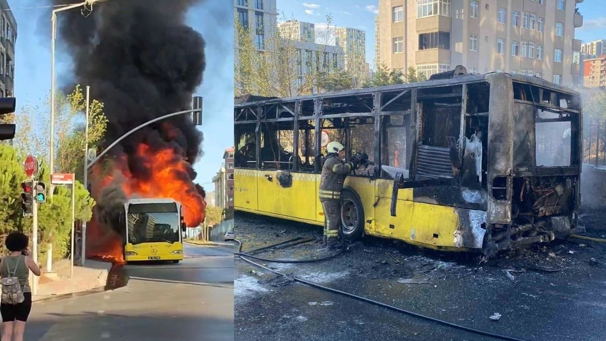 Yolcu dolu İETT otobüsünden dumanlar yükseldi: Alev alev yandı