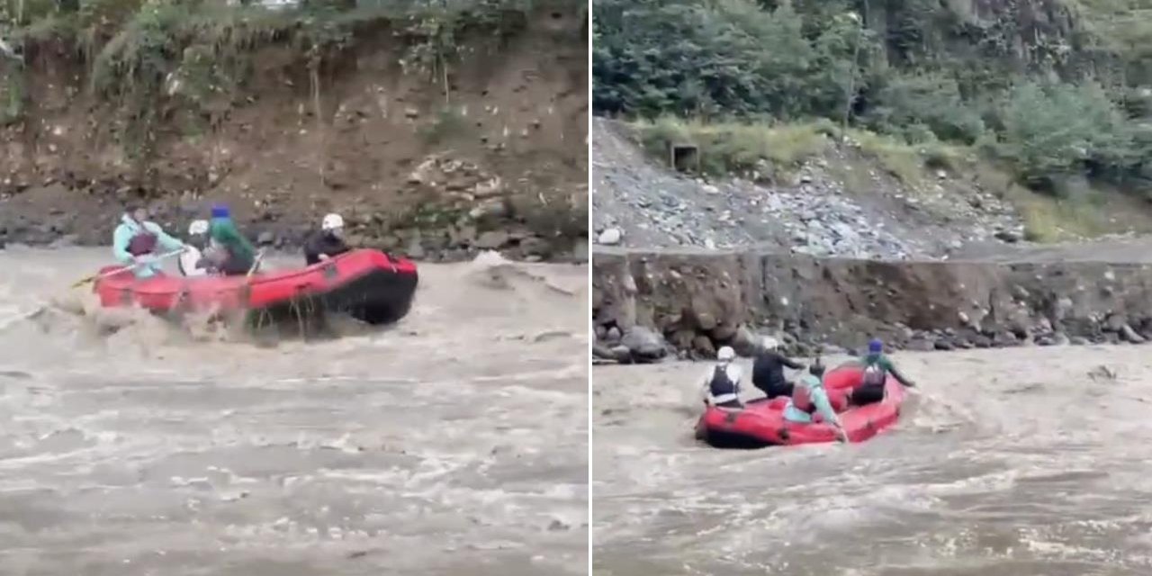 İş makineleri selle mücadele ederken, onlar rafting yaptı! Tehlikeye aldırış etmediler