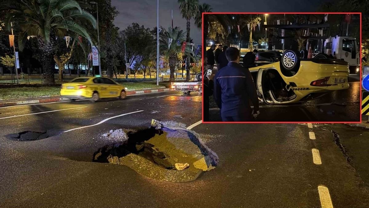 İstanbul'da beklenen sağanak başladı: Vatan Caddesi'nde yol çöktü, Taksi takla attı