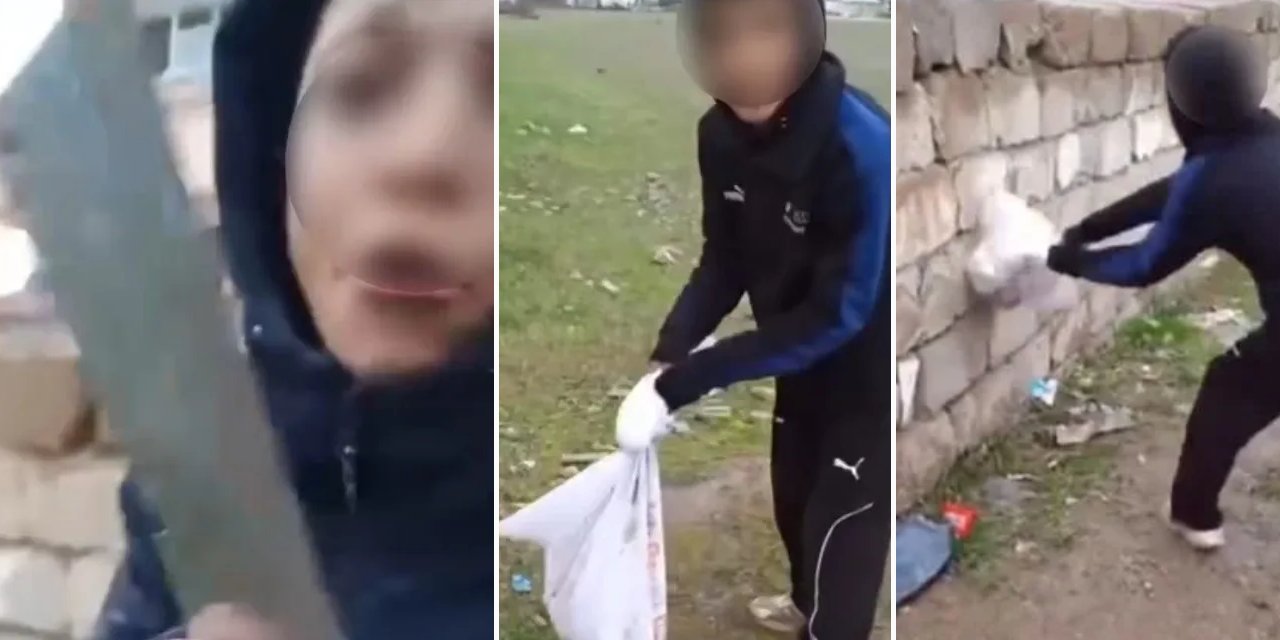 Van'da çocuklar kediyi çuvala koyup defalarca duvara vurdular: Elinde satırla kameraya poz verdiler