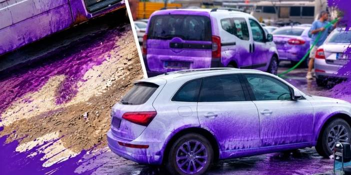 Afyonkarahisar’da görenleri şaşkına çeviren olay! Hem yol hem arabalar mora boyandı