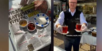 Bursa'da 'gazete kağıdı' üzerinde esnaf kahvaltısı viral oldu