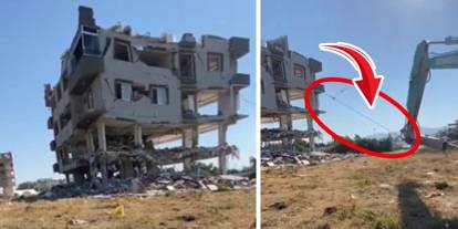 Depremde yıkılmadı, vinçle denendi yine yıkılmadı! Hatay'da dikkat çeken görüntü