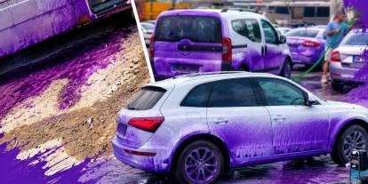 Afyonkarahisar’da görenleri şaşkına çeviren olay! Hem yol hem arabalar mora boyandı